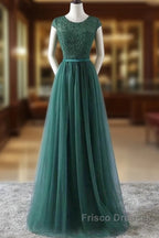 Green Formal Prom Dress Scoop Tulle & Lace With Sash A Line Sweep Train Floor Length Elegant