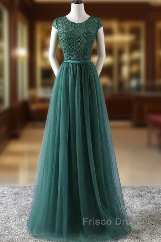 Green Formal Prom Dress Scoop Tulle & Lace With Sash A Line Sweep Train Floor Length Elegant