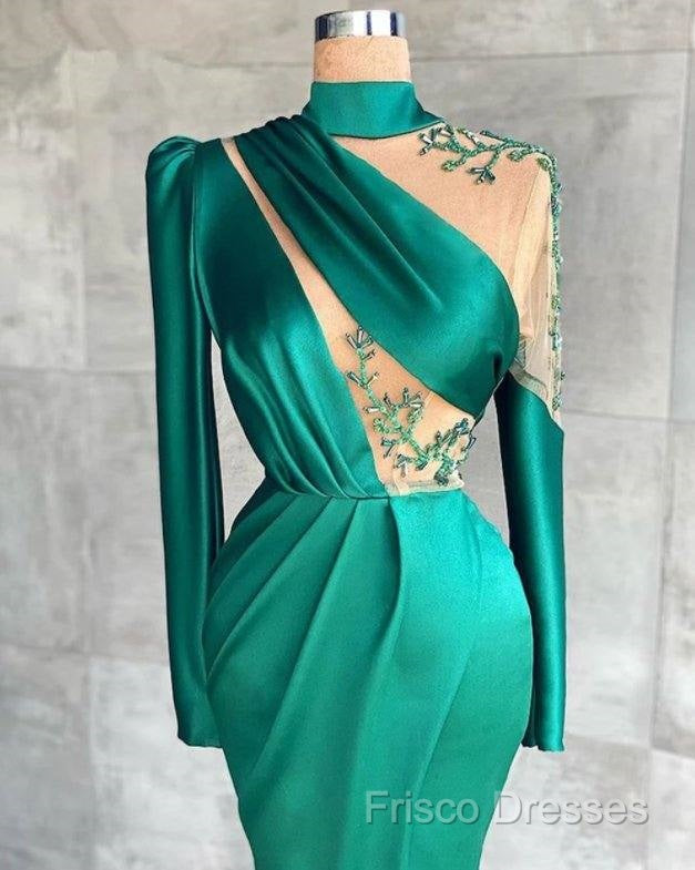 Green Robe De Soiree Sheath Long Sleeves Satin Beaded Slit Sexy Long Formal Prom Dress Formal Prom Gown Formal Dress Secondary image
