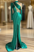 Green Robe De Soiree Sheath Long Sleeves Satin Beaded Slit Sexy Long Formal Prom Dress Formal Prom Gown Formal Dress
