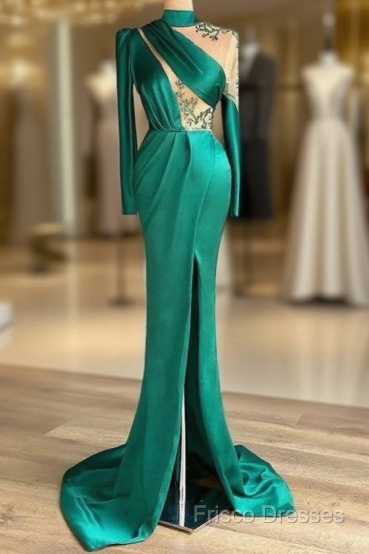 Green Robe De Soiree Sheath Long Sleeves Satin Beaded Slit Sexy Long Formal Prom Dress Formal Prom Gown Formal Dress