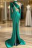 Green Robe De Soiree Sheath Long Sleeves Satin Beaded Slit Sexy Long Formal Prom Dress Formal Prom Gown Formal Dress