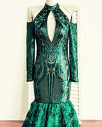 Green Rosette Sequin Mermaid Prom Dresses Cold Shoulder