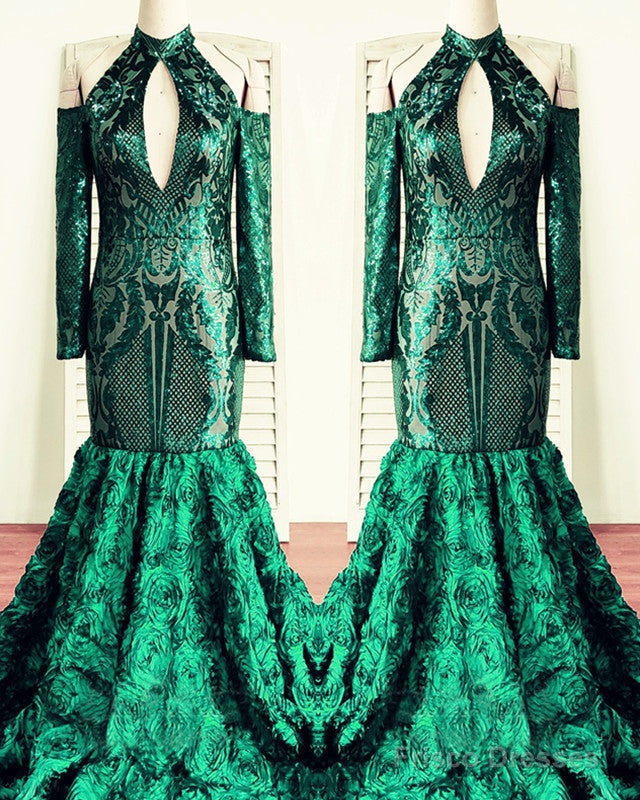 Green Rosette Sequin Mermaid Prom Dresses Cold Shoulder Main image