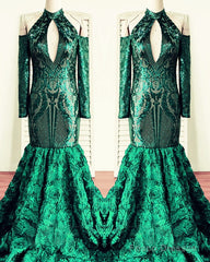 Green Rosette Sequin Mermaid Prom Dresses Cold Shoulder