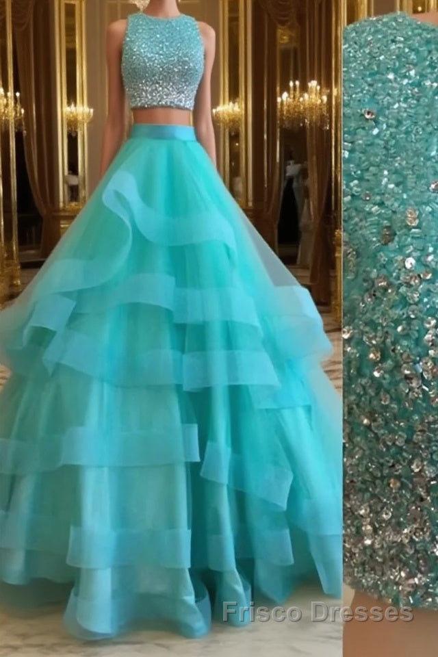 Green Round Neck 2 Pieces Beaded Sequins Tulle Long Formal Prom Dresses, Green 2 Pieces Formal Dresses, Green Evening Dresses Main image