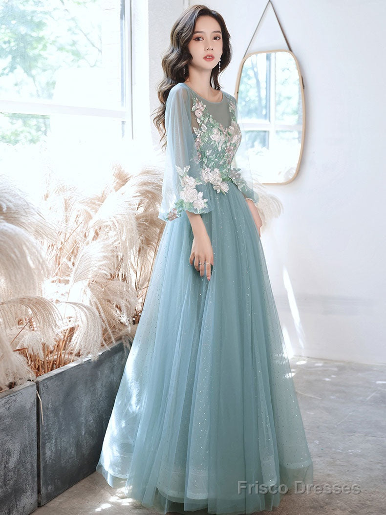 Green Round Neck Tulle Lace Long Prom Dress, Green Evening Dress Secondary image