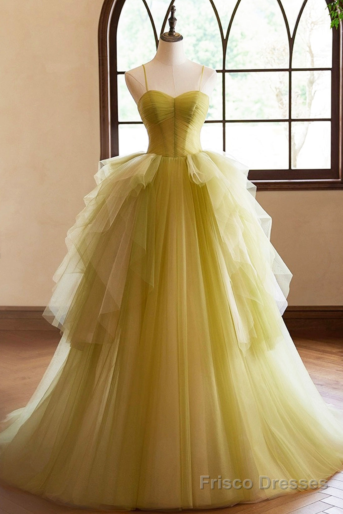 Green Ruffle Long A-Line Prom Dresses, Spaghetti Straps Backless Evening Dresses Main image