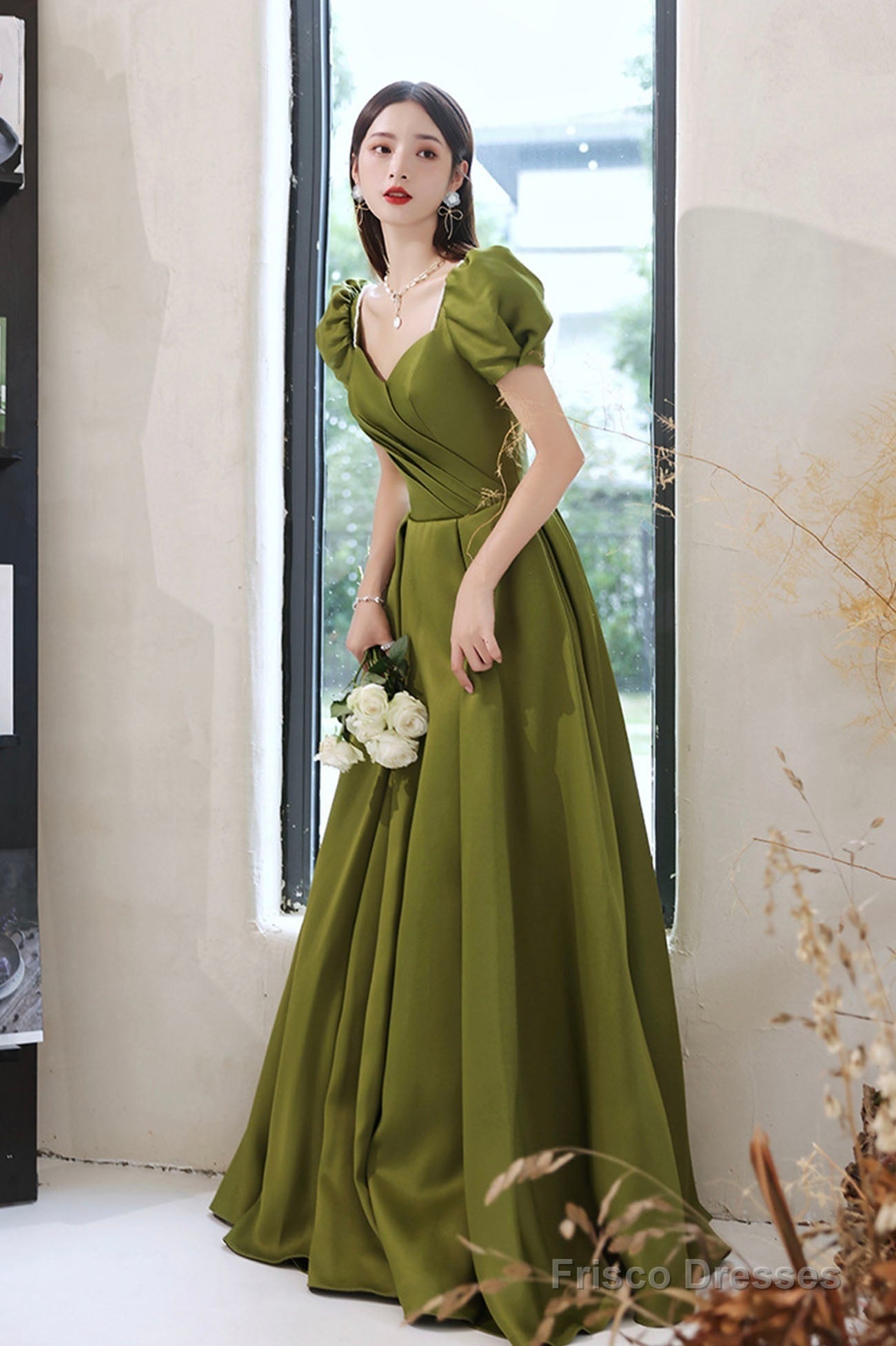 Green Saitn Long Prom Dresses, A-Line Evening Dresses Secondary image