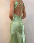 Green Satin A Line Long Prom Dresses Formal Party Dress