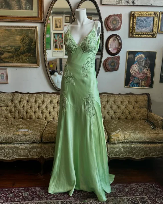 Green Satin A Line Long Prom Dresses Formal Party Dress