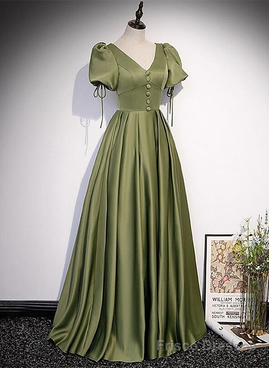 Green Satin A-line Puffy Sleeves A-line Prom Dress, V-neck Simple Long Formal Party Gown Main image