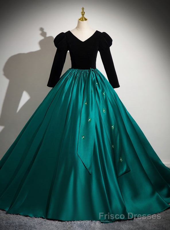 Green Satin Balck Velvet Long Sleeve Beading Quinceanera Dress Main image