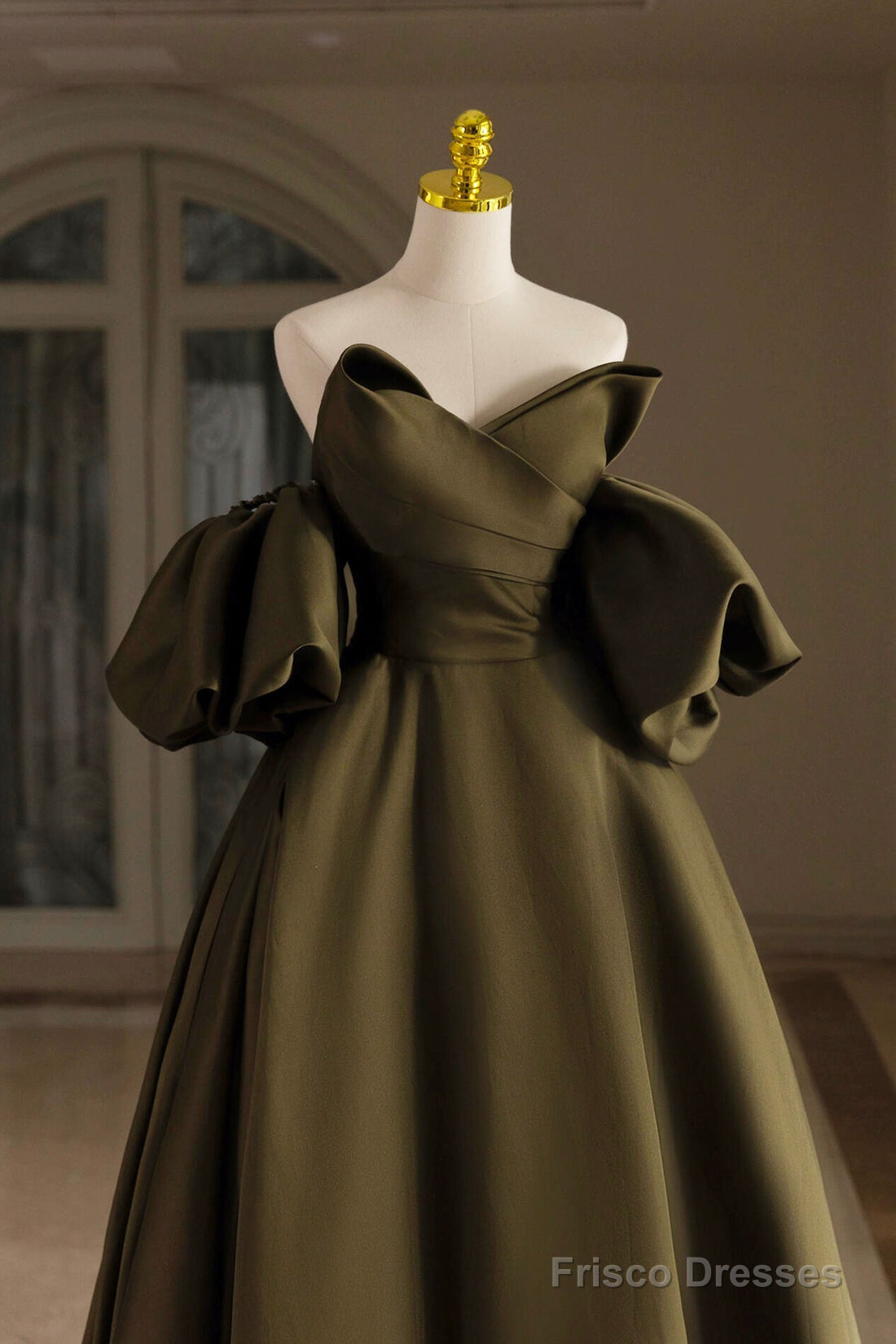 Green Satin Floor Length Party Dress, A-Line Puffy Short Sleeve Evening Prom Dress Secondary image