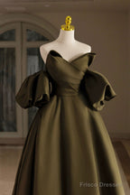 Green Satin Floor Length Party Dress, A-Line Puffy Short Sleeve Evening Prom Dress
