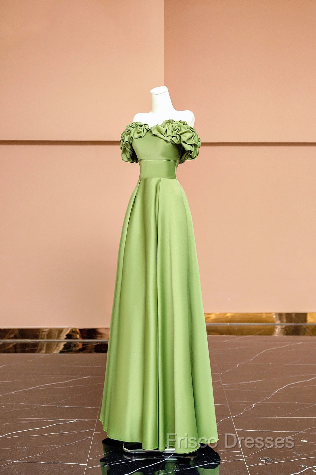 Green Satin Floor Length Formal Prom Dress, Off The Shoulder Formal Party Dress