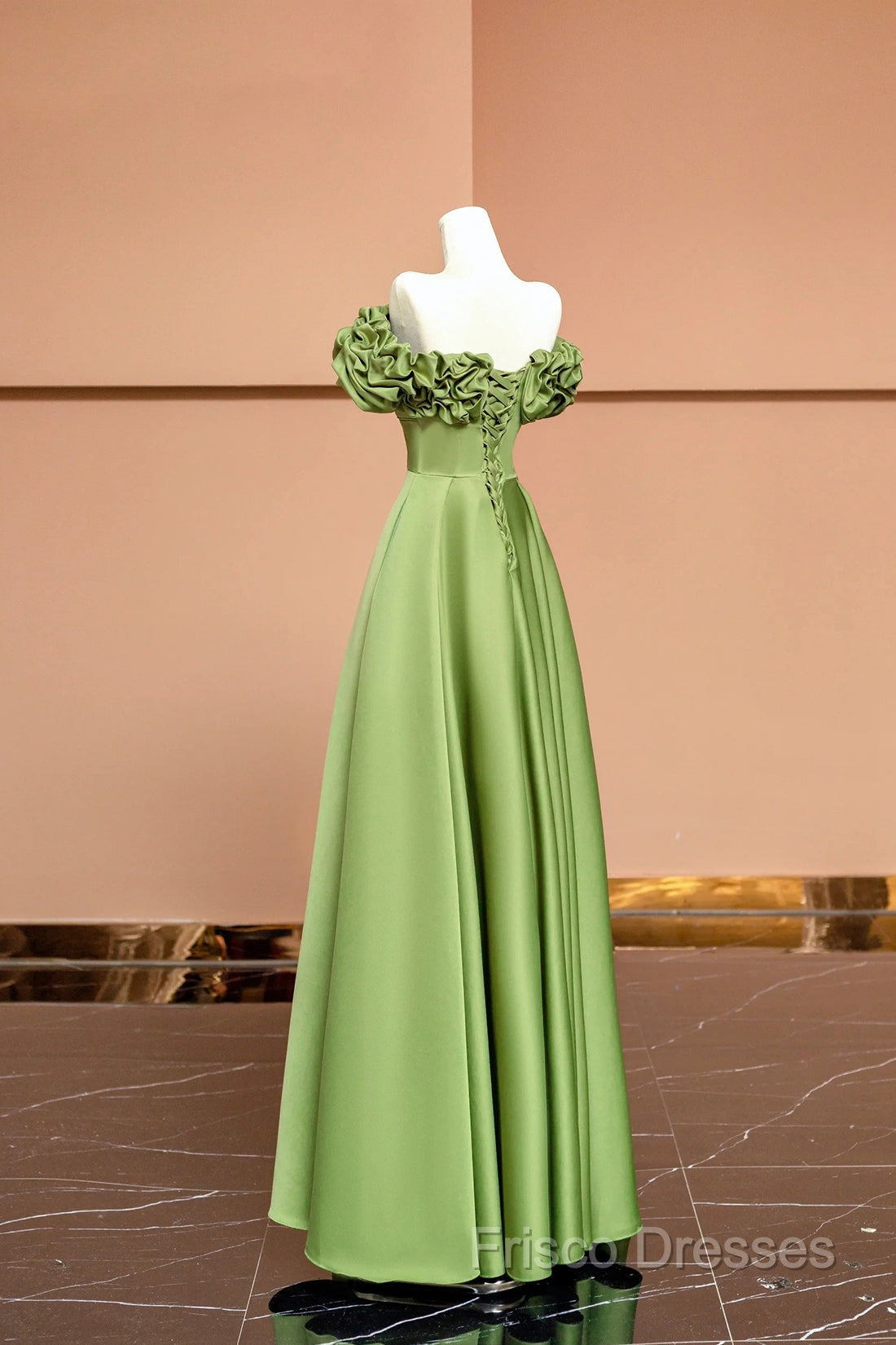 Green Satin Floor Length Formal Prom Dress, Off The Shoulder Formal Party Dress