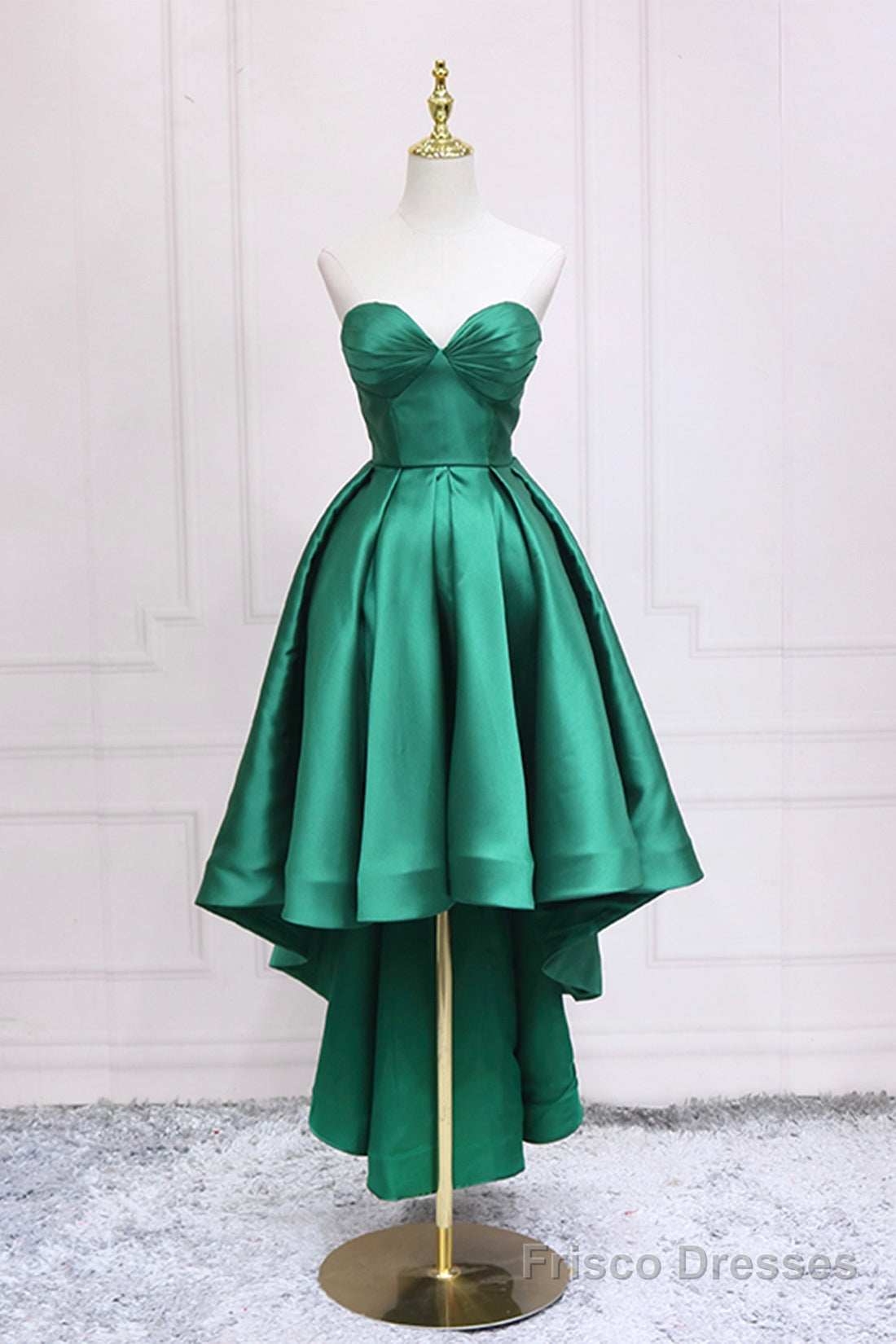 Green Satin High Low Prom Dress, Cute Sweetheart Neck Evening Party Dress Main image