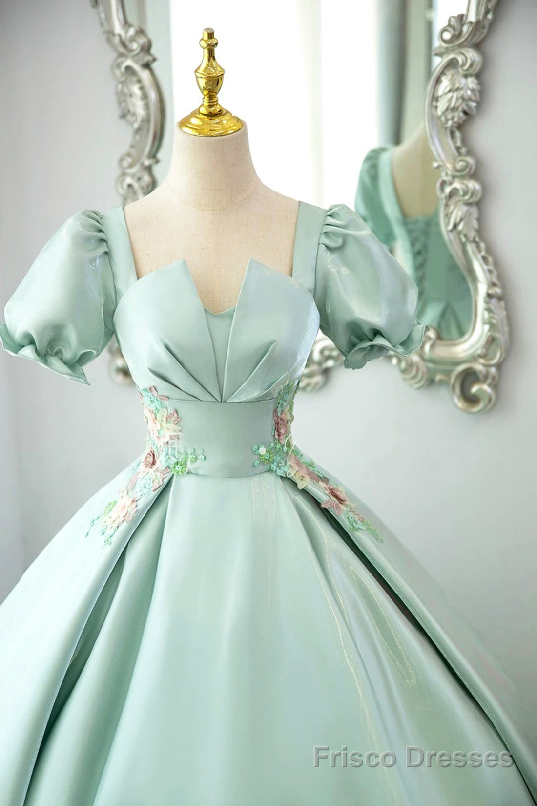 Green Satin Lace Long Prom Dress, Beautiful A-Line Short Sleeve Evening Party Dress