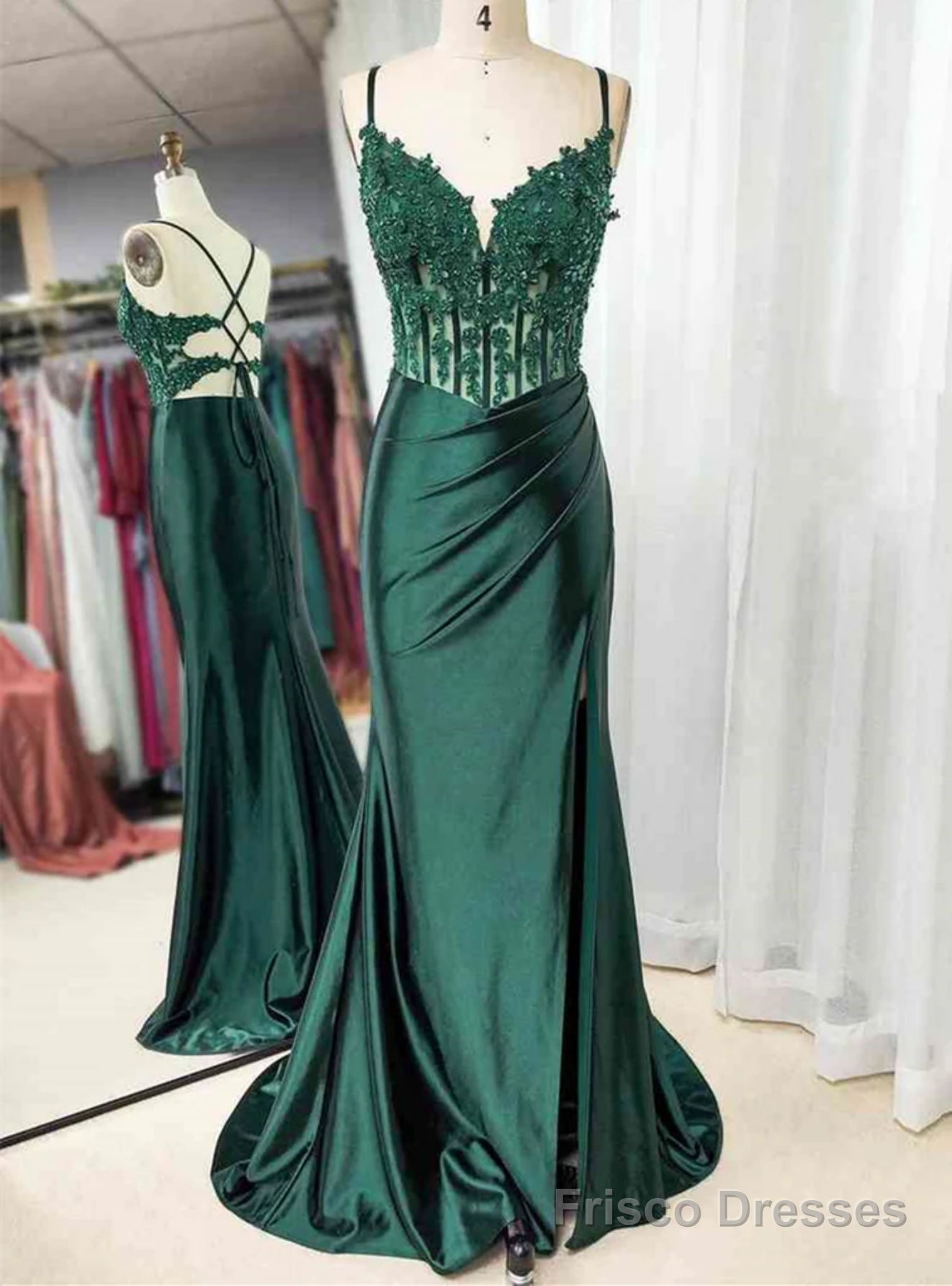 Green Satin Lace Spaghetti Straps Prom Dress Main image