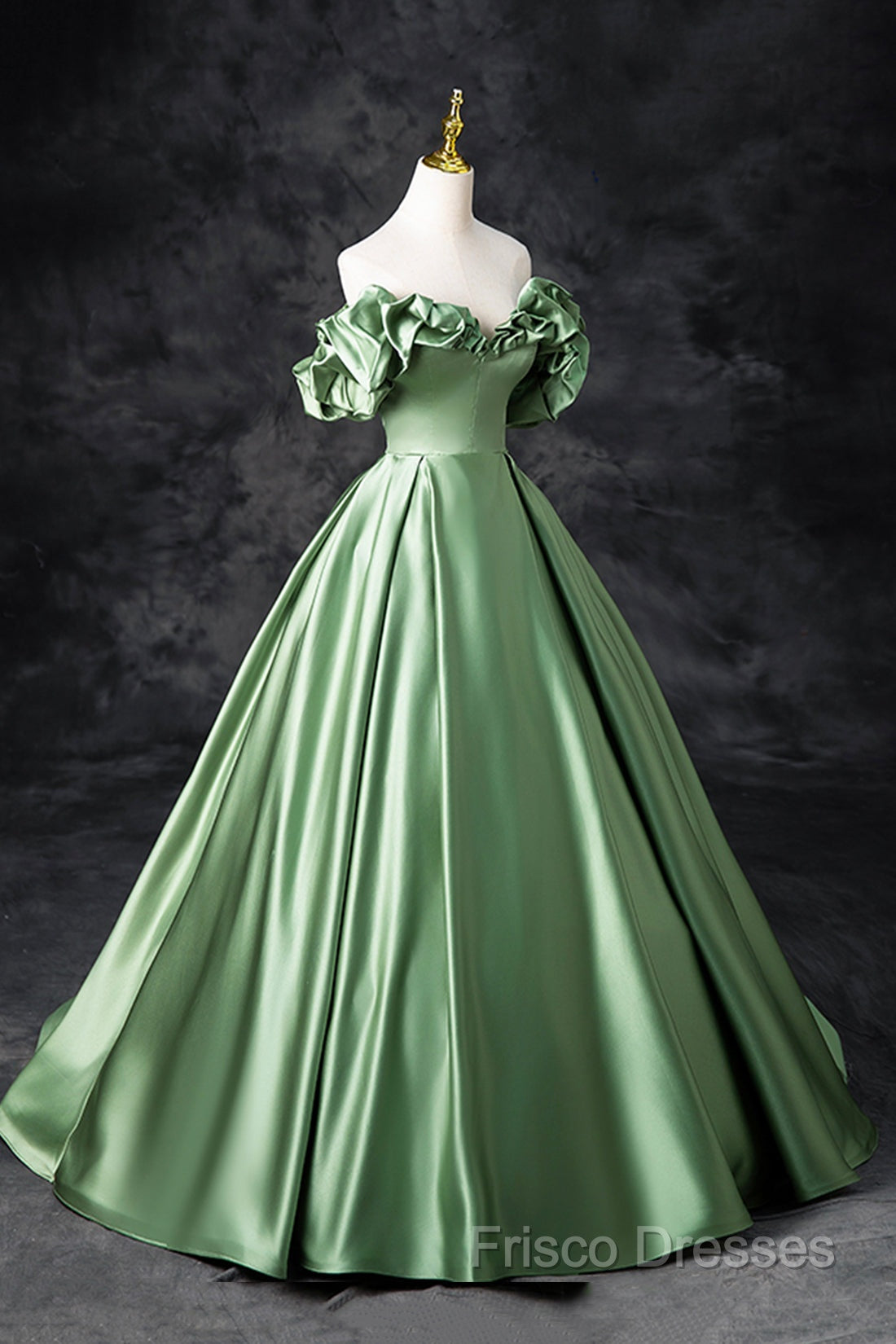 Green Satin Long A-Line Party Dress, Off The Shoulder Formal Dress
