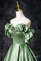 Green Satin Long A-Line Party Dress, Off The Shoulder Formal Dress
