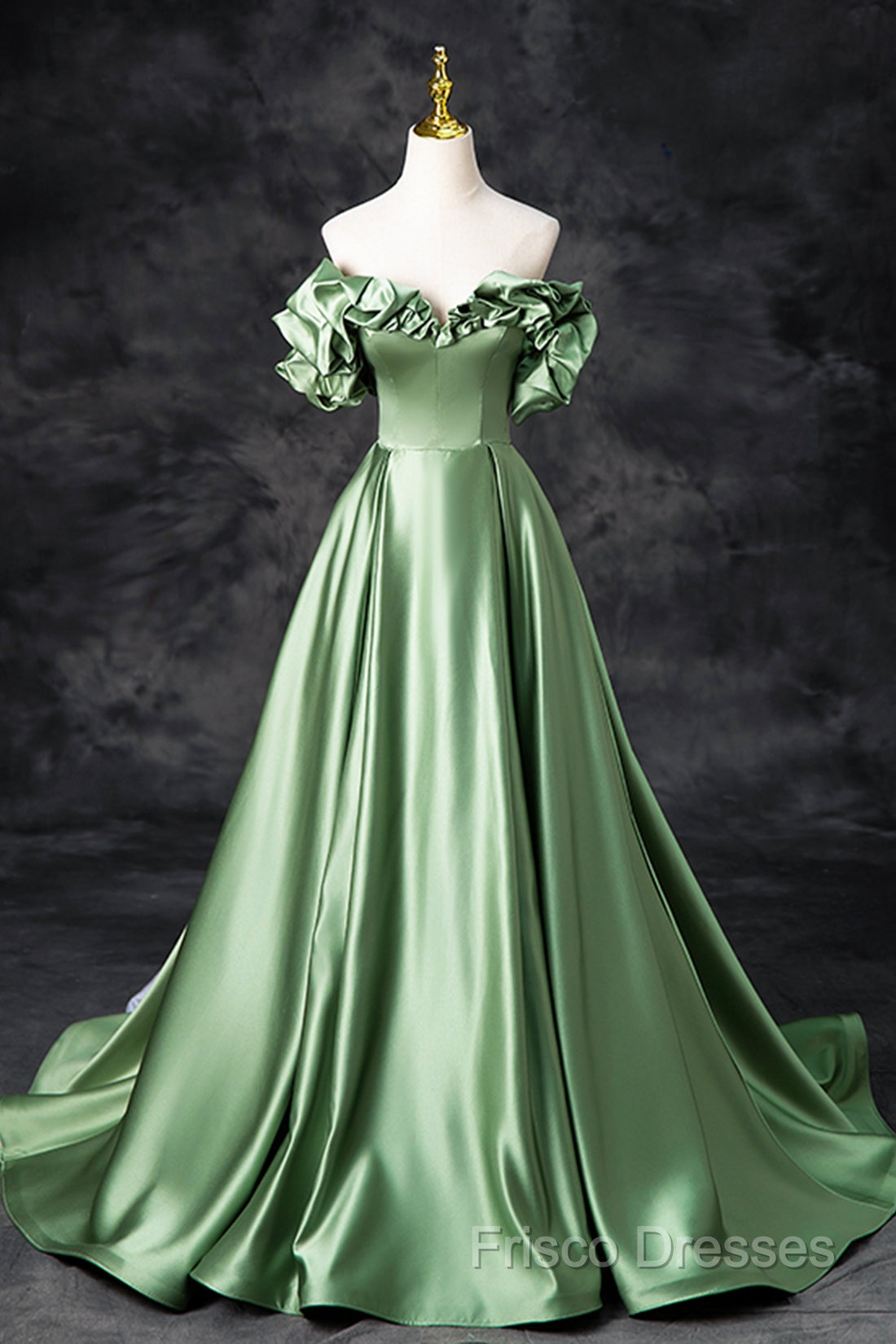 Green Satin Long A-Line Party Dress, Off The Shoulder Formal Dress