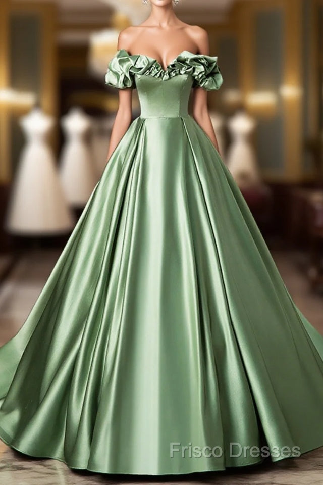 Green Satin Long A-Line Party Dress, Off The Shoulder Formal Dress Main image