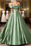 Green Satin Long A-Line Party Dress, Off The Shoulder Formal Dress