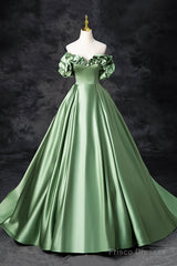 Green Satin Long A-Line Party Dress, Off The Shoulder Formal Evening Dress