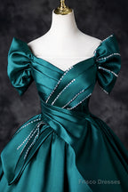 Green Satin Long A-Line Prom Dress, Green Off The Shoulder Evening Party Dress
