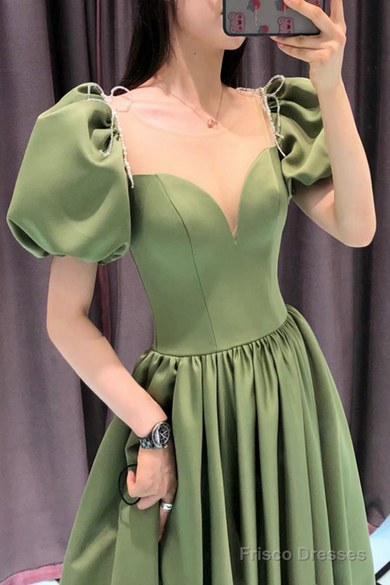 Green Satin Long A-Line Prom Dress, Green Short Sleeve Evening Party Dress Main image