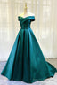 Green Satin Long A-Line Prom Dress, Simple Off the Shoulder Evening Dress