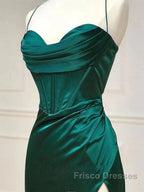 Green Satin Long Mermaid Slit Formal Prom Dress