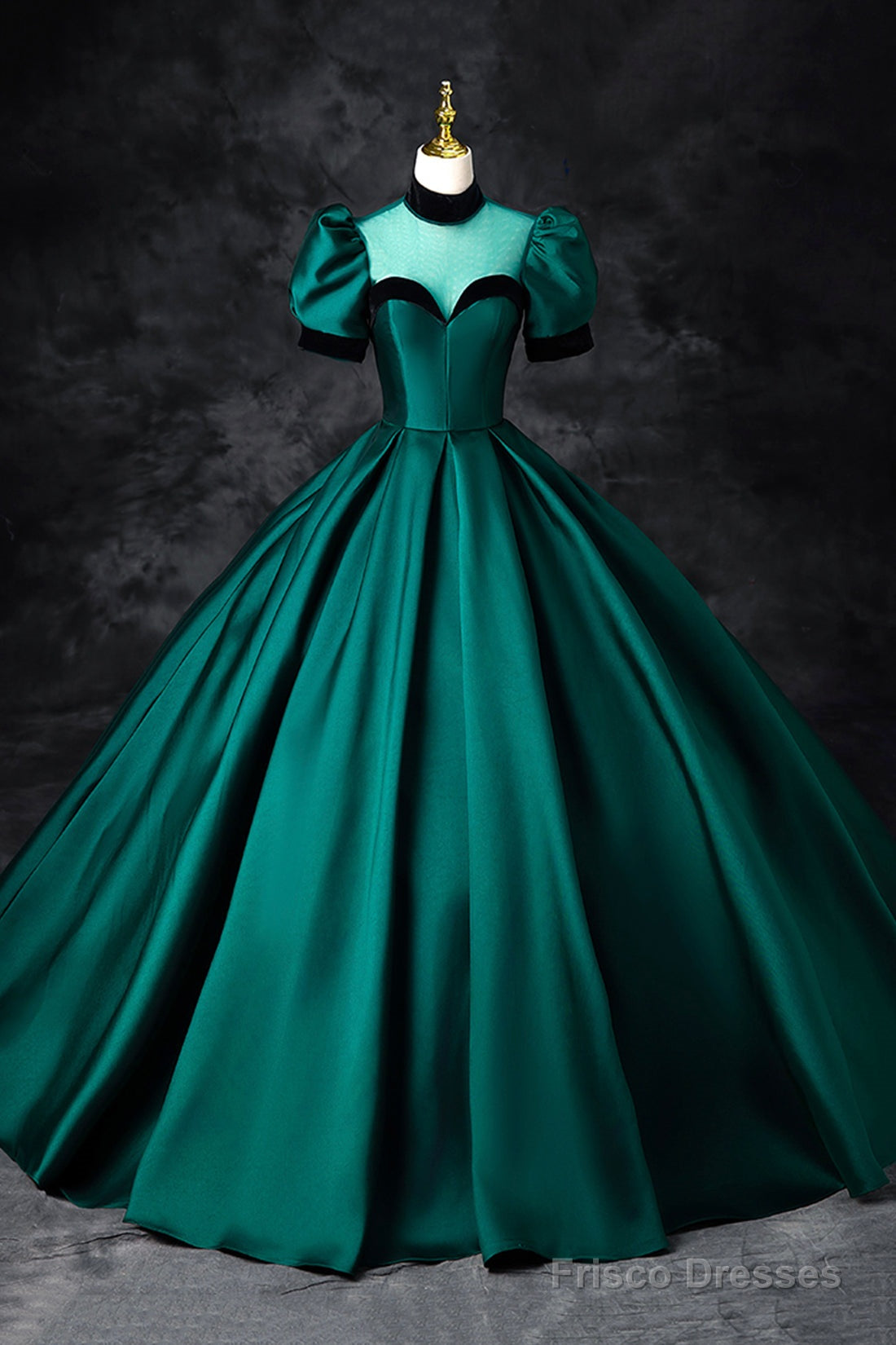 Green Satin Long Prom Dress, Elegant A-Line Short Sleeve Formal Evening Dress Main image