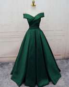 Green Satin Off Shoulder Lace-Up Formal Gown, Senior Prom Dresses