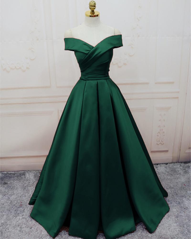 Green Satin Off Shoulder Lace-Up Formal Gown, Senior Prom Dresses