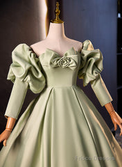 Green Satin Off Shoulder Long Formal Dress, Green Long Evening Dress Sweet 16 Dress