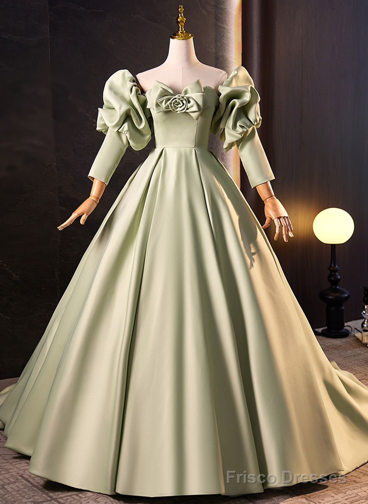 Green Satin Off Shoulder Long Formal Dress, Green Long Evening Dress Sweet 16 Dress Main image