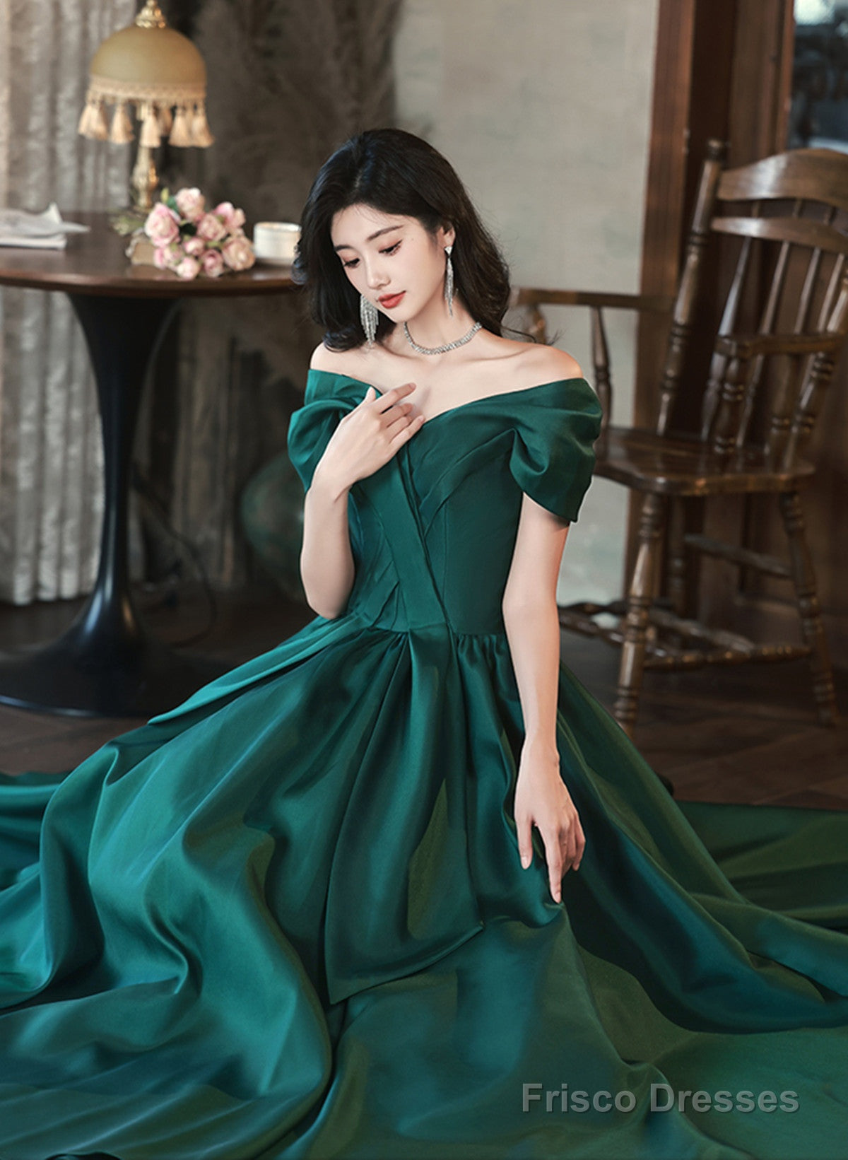 Green Satin Off Shoulder Long Party Dress, Green A-Line Chic Prom Dress Main image