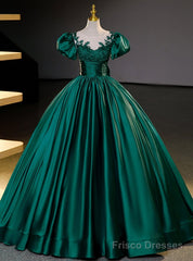 Green Satin Puff Sleeve Appliques Quinceanera Dress