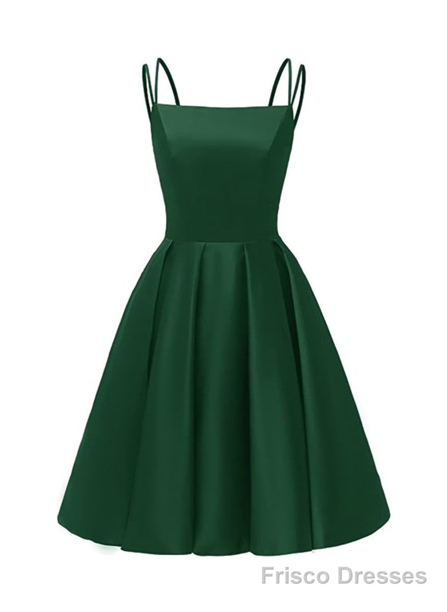 Green Satin Scoop Short Homecoming Dress, Satin Straps Lace-up Short Prom Dress Main image