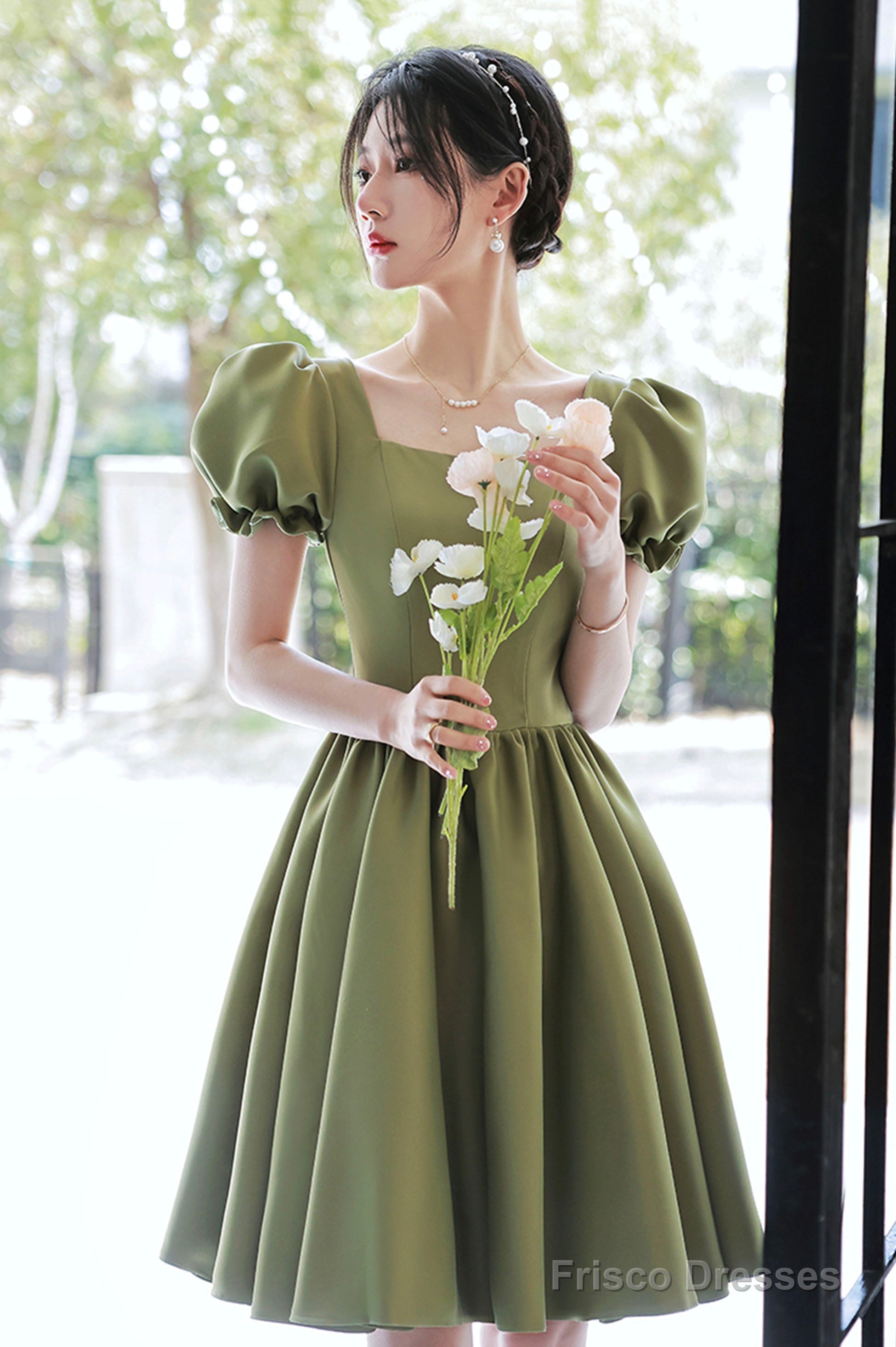 Green Satin Short A-Line Prom Dress, Cute Short Sleeve Homecoming Dress Secondary image