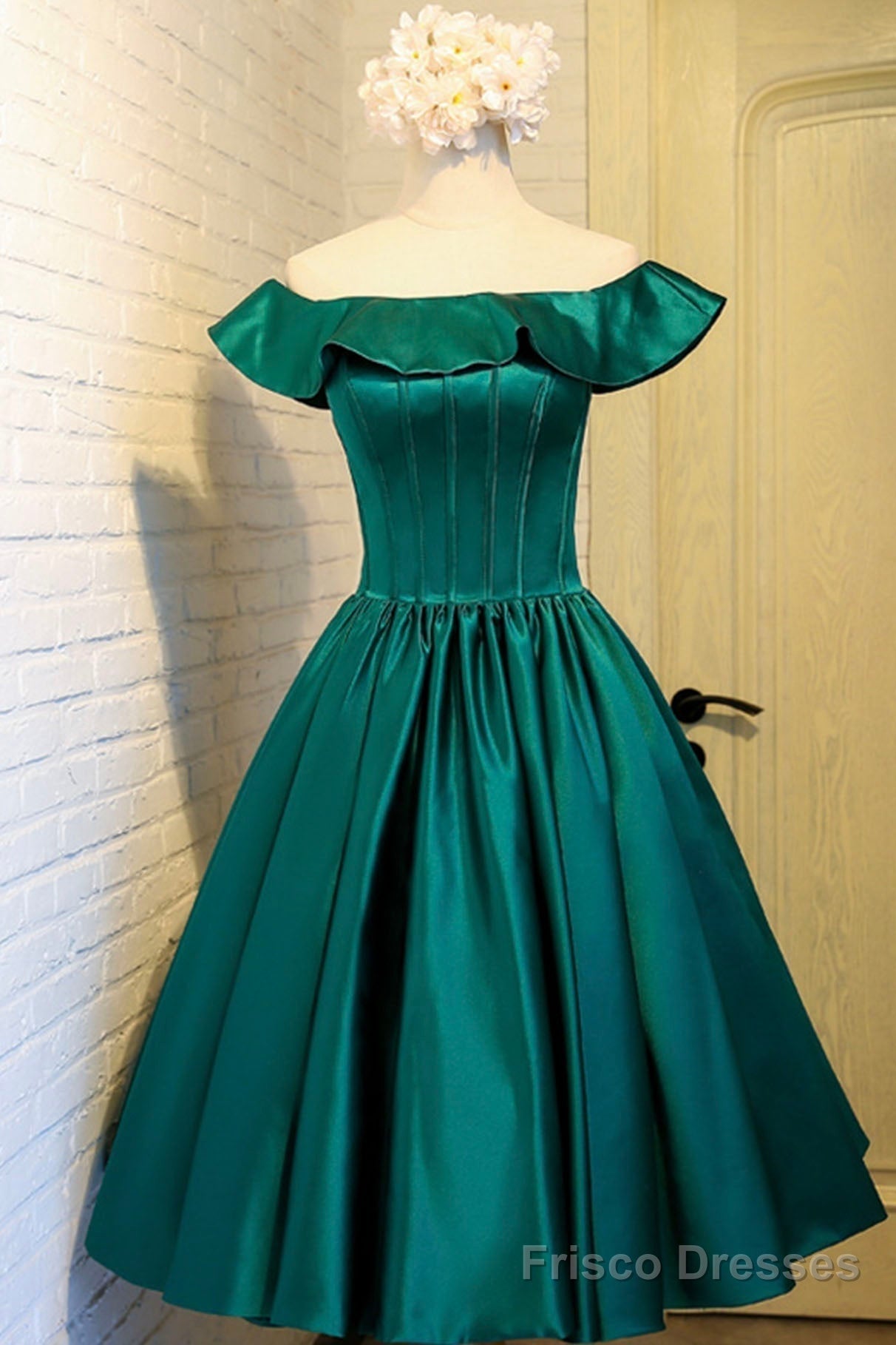 Green Satin Short Homecoming Dress, Cute Off the Shoulder Knee Length Prom Dress Main image