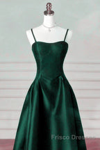 Green Satin Simple A-Line Floor Length Party Dress, Green Satin Straps Formal Prom Dress