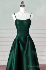 Green Satin Simple A-Line Floor Length Party Dress, Green Satin Straps Prom Dress