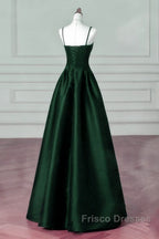 Green Satin Simple A-Line Floor Length Party Dress, Green Satin Straps Formal Prom Dress