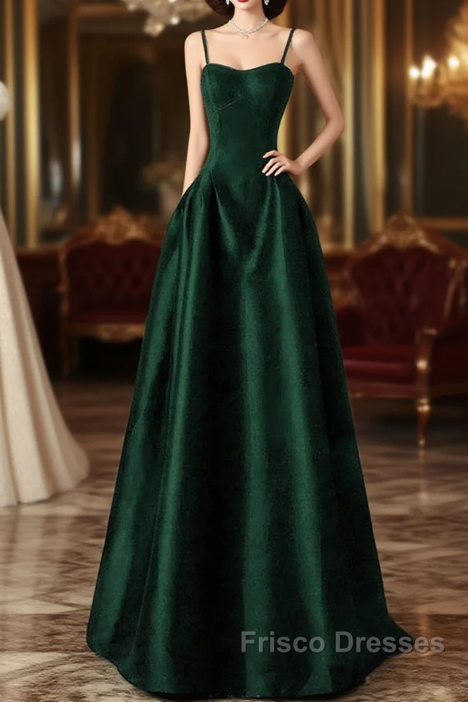 Green Satin Simple A-Line Floor Length Party Dress, Green Satin Straps Formal Prom Dress Main image