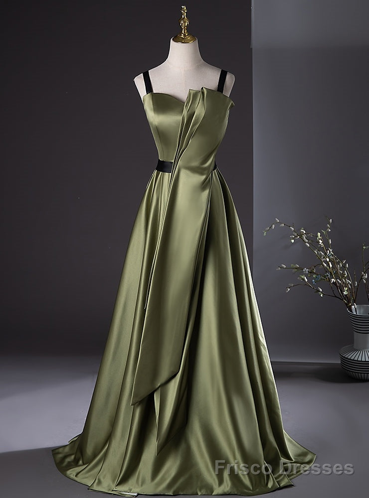Green Satin Spaghetti Straps Pleats Prom Dress Main image