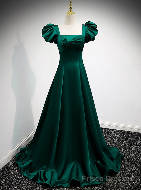 Green Satin Square Puff Sleeve Pleats Prom Dress Main image